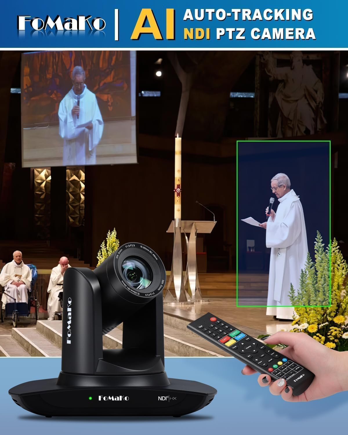 Detalle 2 de FoMaKo Caméra NDI HX3 PTZ avec suivi IA — 20x zoom, 1080p60, PoE, NDI 6 certifiée
