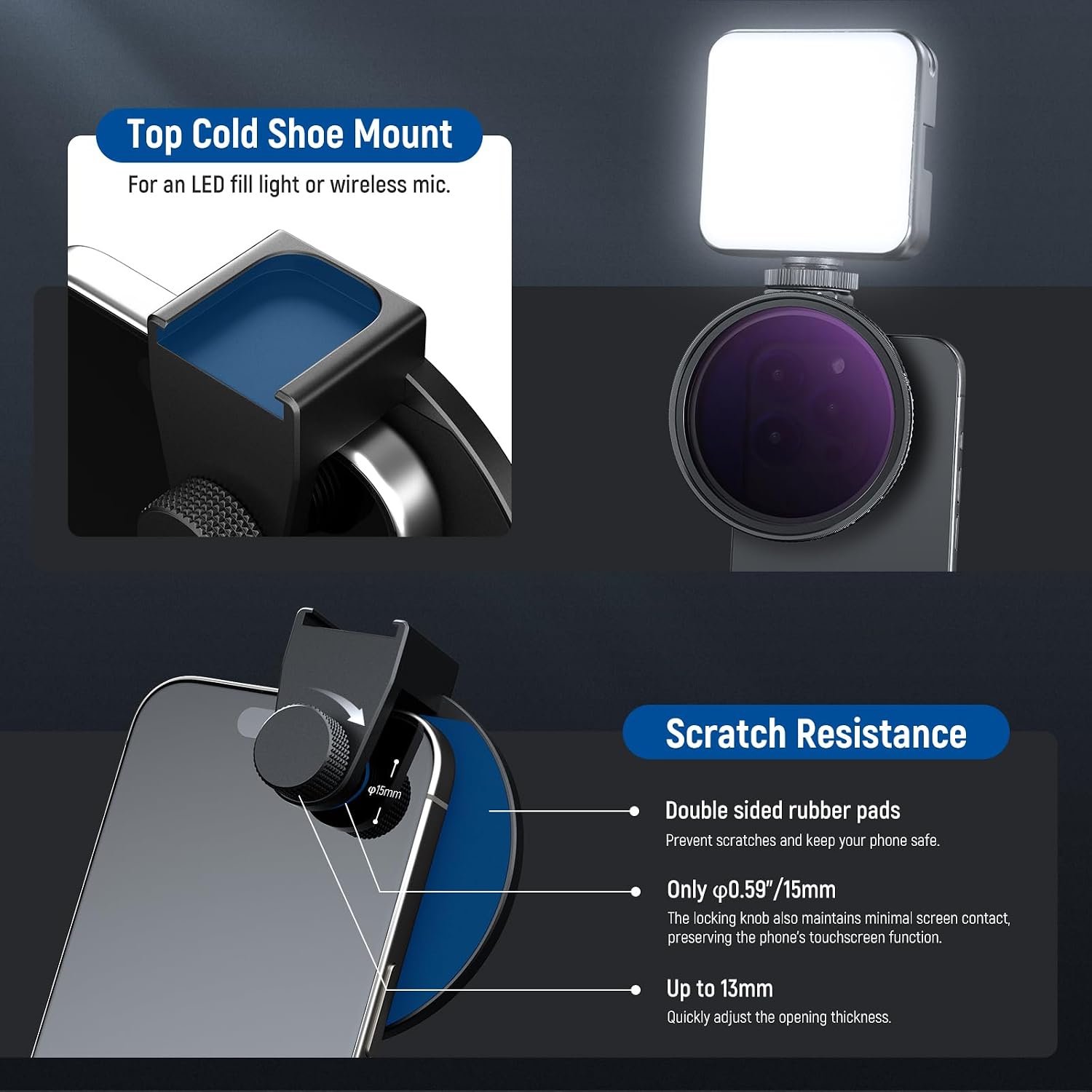 Detalle de NEEWER Kit filtri ND variabile 67mm ND2–ND32 per lenti telefono con Phone Clip e attacco Cold Shoe