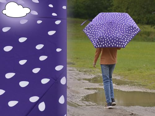 Detalle 2 de iX-brella Raindrops Purple Automatik-Taschenschirm für Kinder – reflektierender Farbwechsel bei Nässe, leicht und kompakt