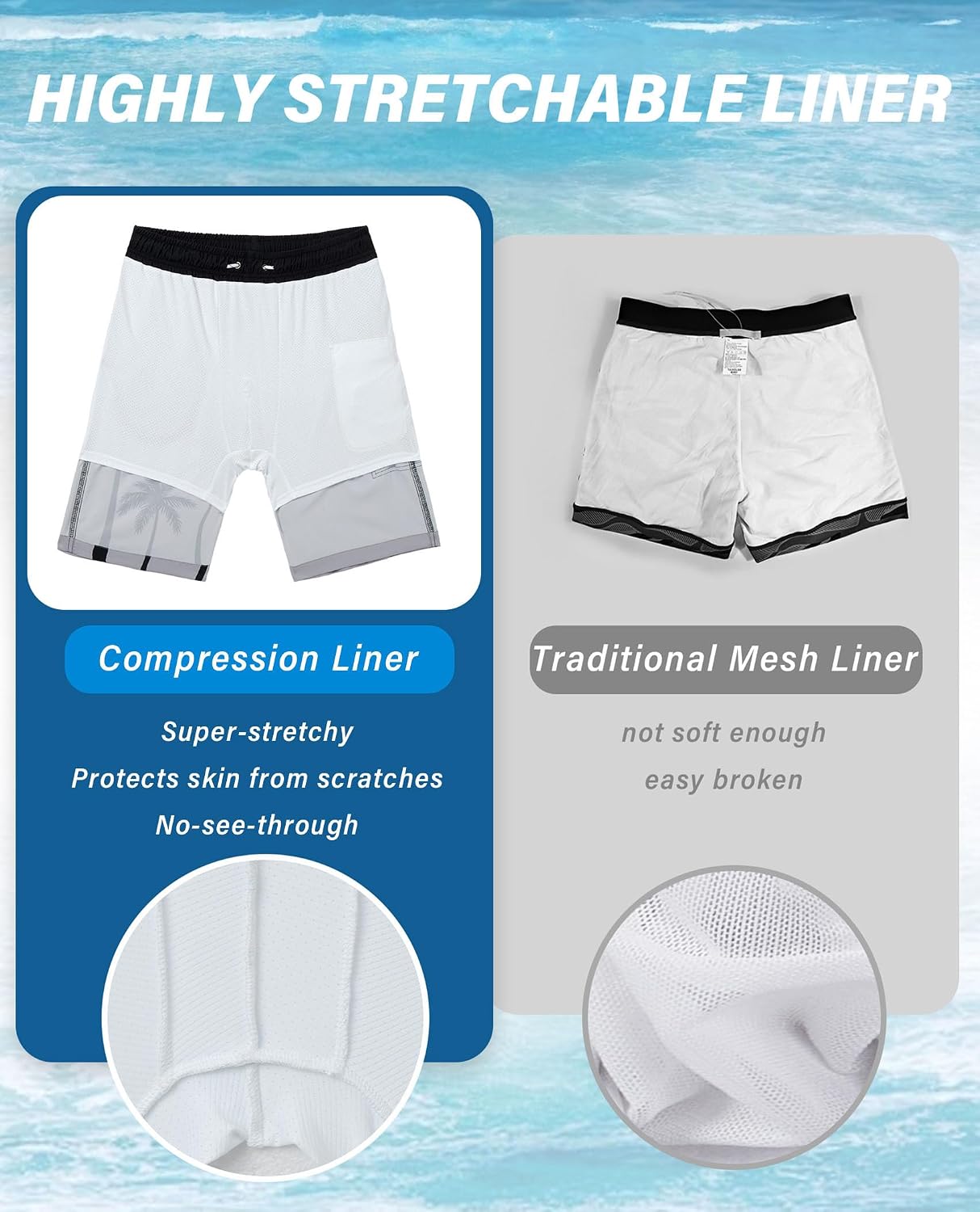 Detalle 2 de Gleeease 9inch Mens Swim Trunks with Compression Liner – Quick Dry, Stretch, and Pockets