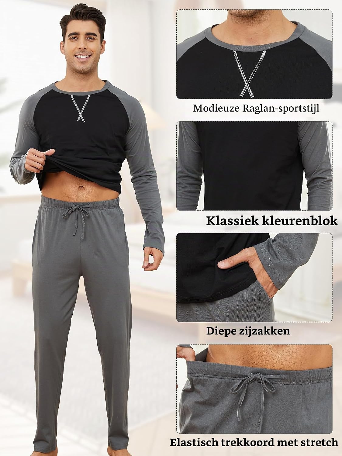 Detalle de Reliwel lange herenpyjama van katoen, tweedelig met zakken en zachte tailleband