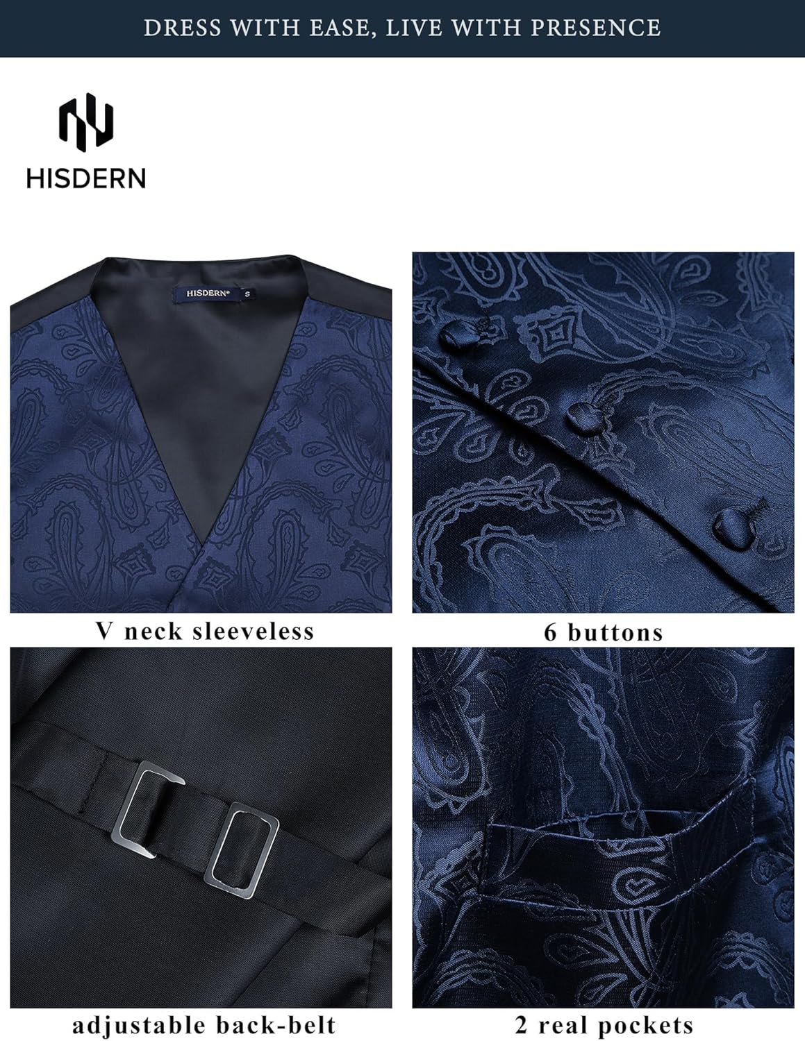 Thumbnail 2 de HISDERN 3-Piece Formal Vest Set: Paisley Jacquard Waistcoat, Necktie & Pocket Square