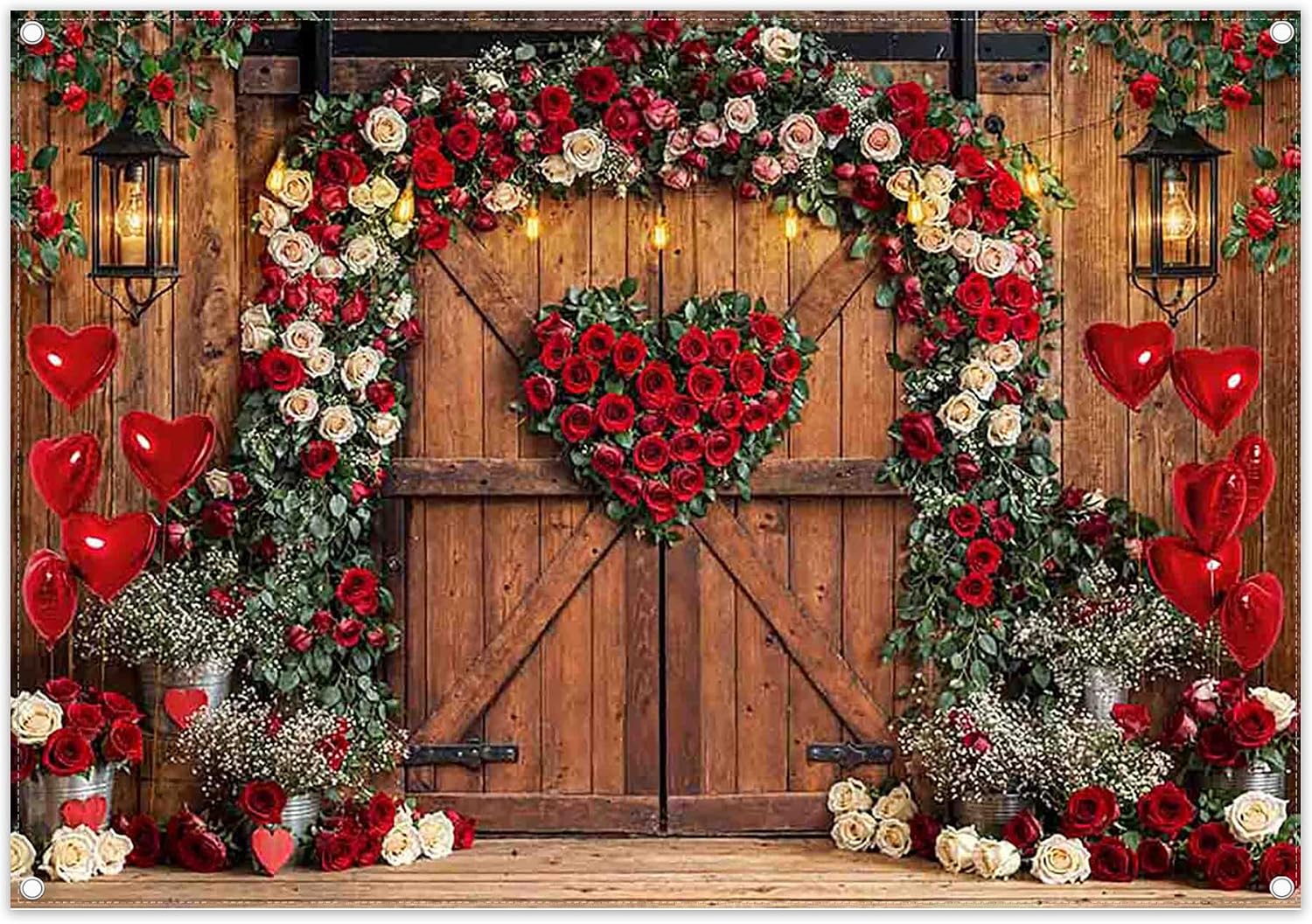 Luminora 7x5ft Valentine’s Day wooden house backdrop with white rose arch and love heart design (photo banner prop)