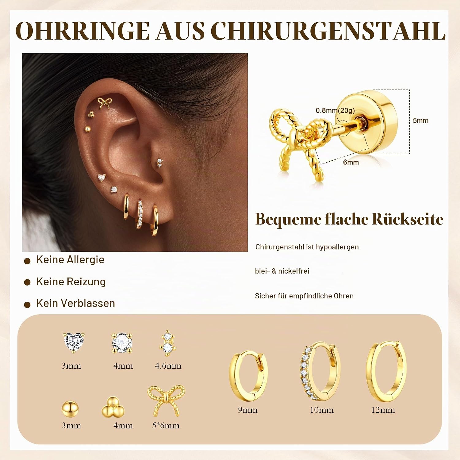 Thumbnail 6 de TINGN 14 Karat Vergoldete Ohrschmuck-Set aus Chirurgenstahl – 6 Paar Flache Steckern & 3 Paar Creolen