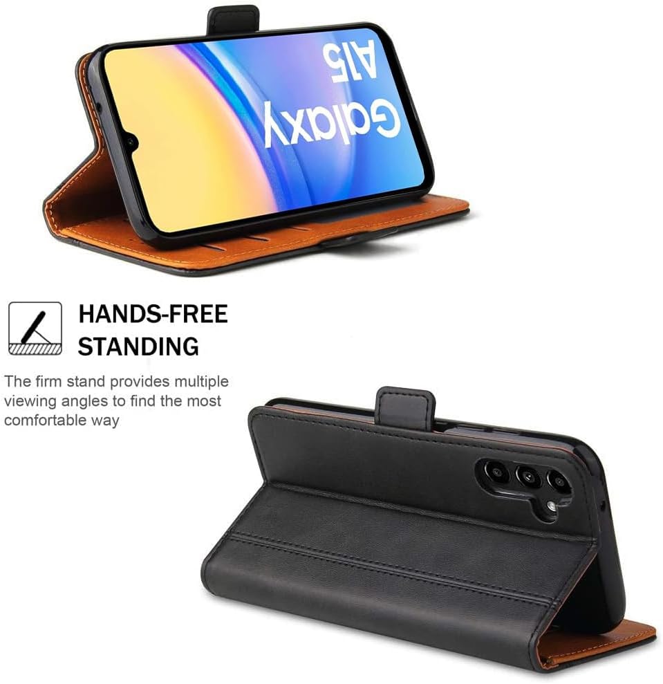 Detalle de ROJIOJIO Leder-Bookcase Hülle für Samsung Galaxy A15 5G – Kartenfach, Standfunktion, Magnetverschluss, Schwarz