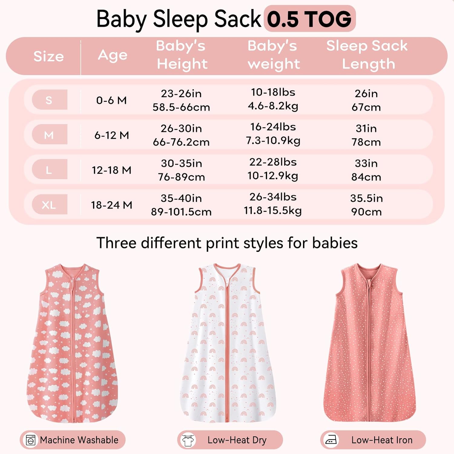 Thumbnail 5 de Unnivoll 3er Pack Schlafsack Baby Sommer 0.5 Tog 100% Baumwolle – 84 cm, Weiß/Rosa Regenbogen