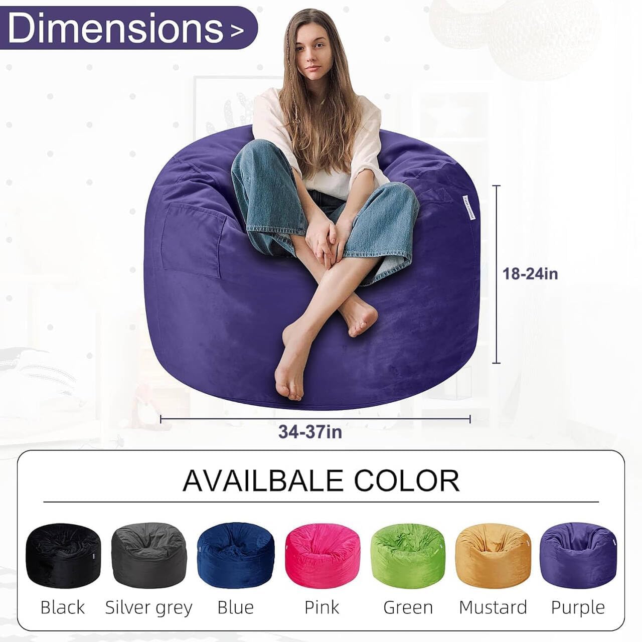 Detalle de HABUTWAY BEAN BAG CHAIR 3FT Velvet Bean Bag Chair, Purple, Memory Foam
