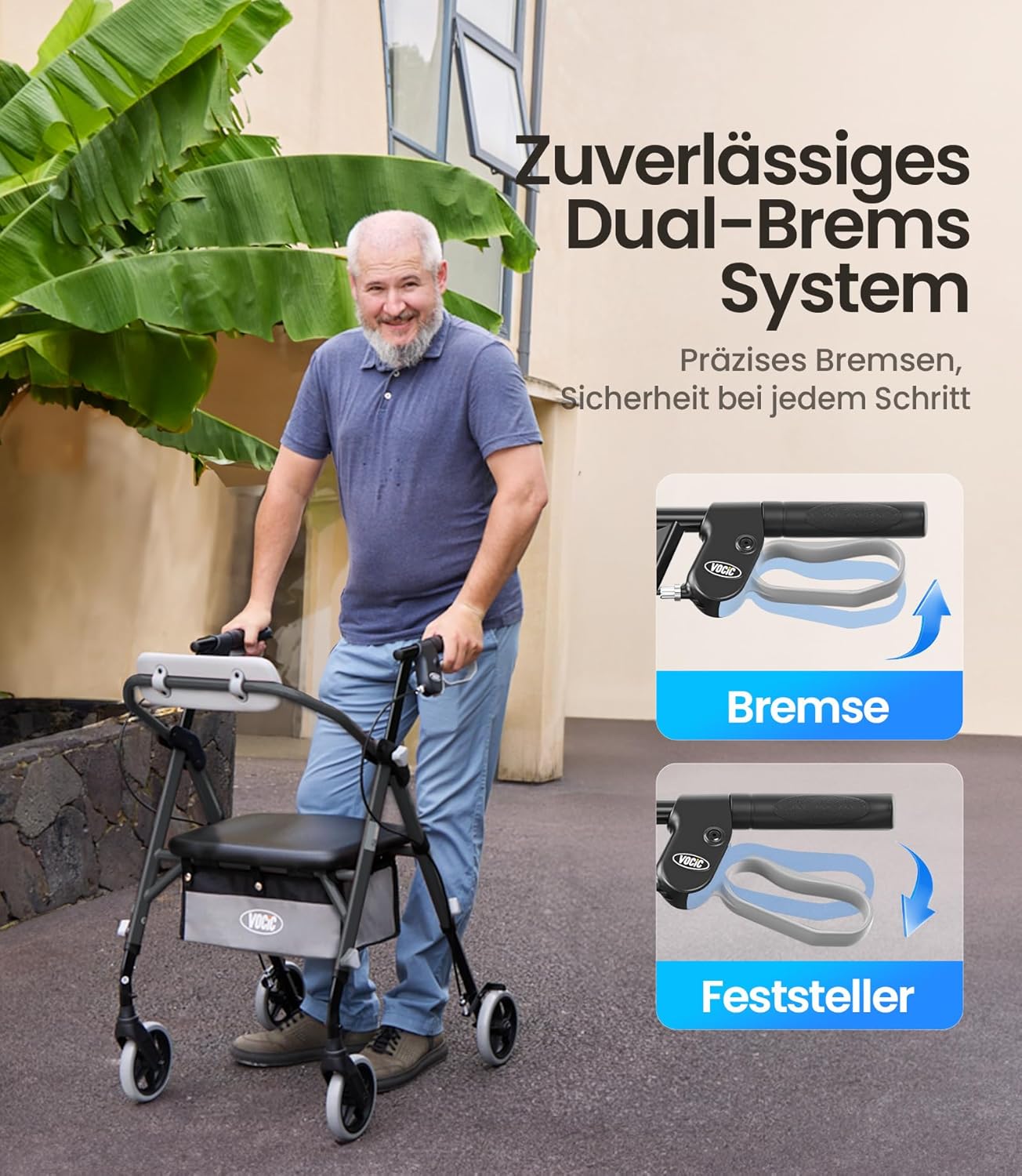 Detalle de VOCIC Z11 Rollator – faltbar, leicht und stabil mit Sitz (Tragkraft 172 kg)