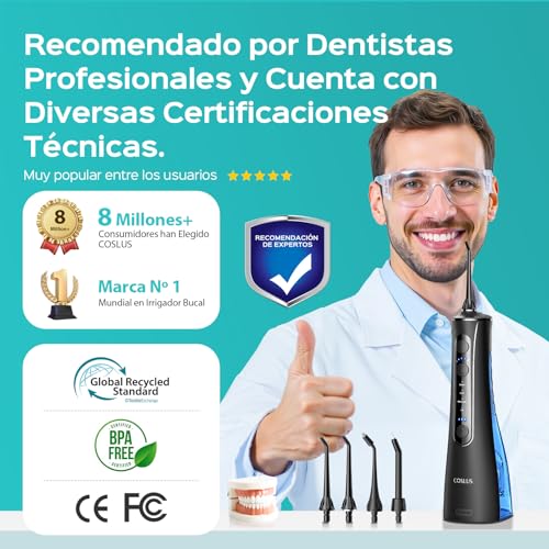 Detalle de COSLUS Irrigador Dental Bucal Portátil con 4 Modos y 20 Intensidades | IPX7, 4 Boquillas