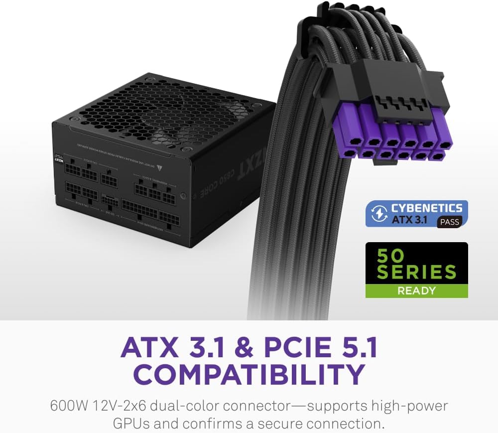 Detalle de NZXT C850 Gold Core 850W ATX 3.1 Power Supply (Cybenetics Platinum, Fully Modular, PCIe 5.1 12V-2x6)