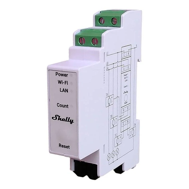 Detalle de Shelly Pro 3EM: Módulo Wi‑Fi/Bluetooth con medidor de consumo trifásico para monitorización eficiente