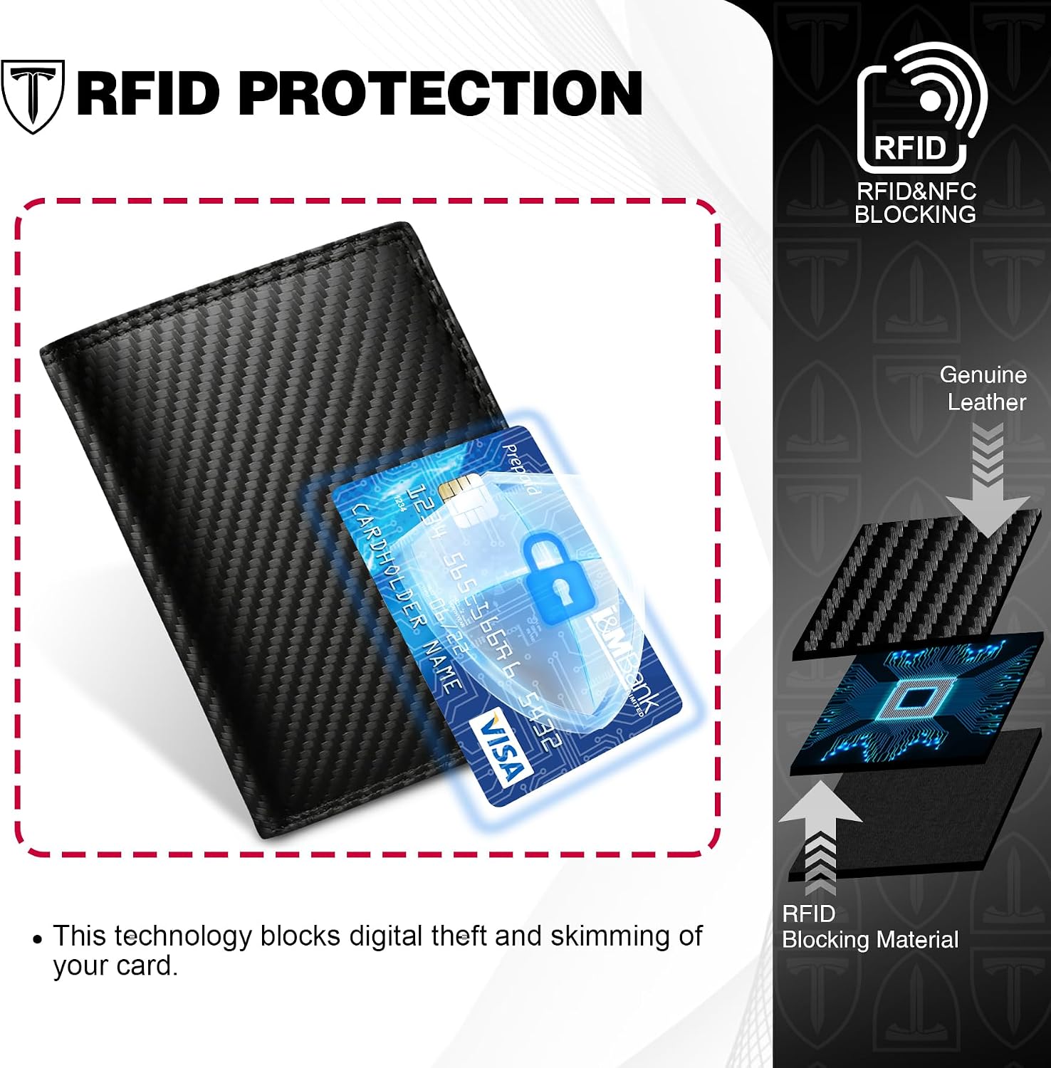 Detalle 2 de TEEHON men’s RFID blocking carbon fibre wallet (bifold, black & orange) with 12 card slots