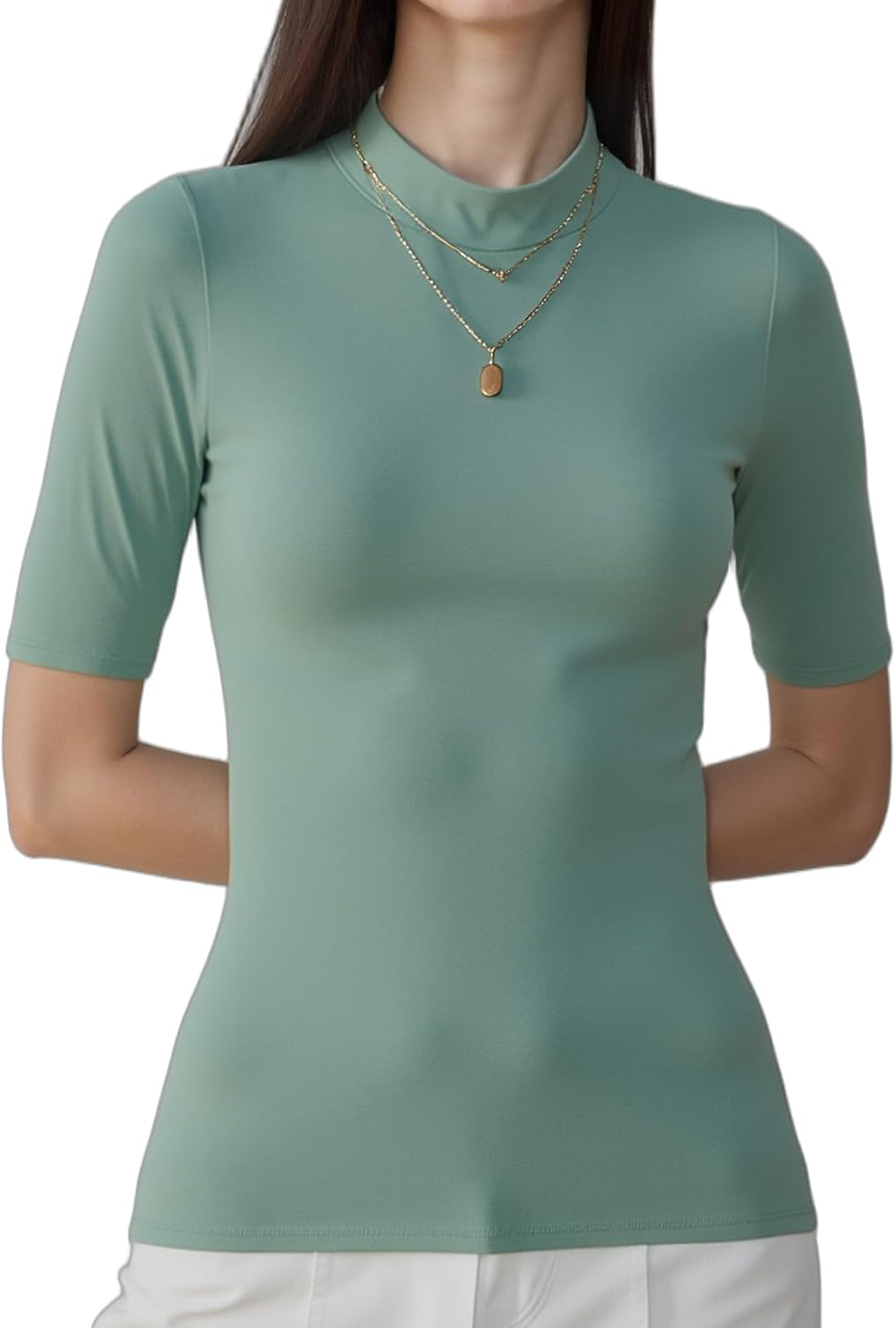 Detalle de WOWENY Kurzarm-Rollkragen-Shirt mit Spitze