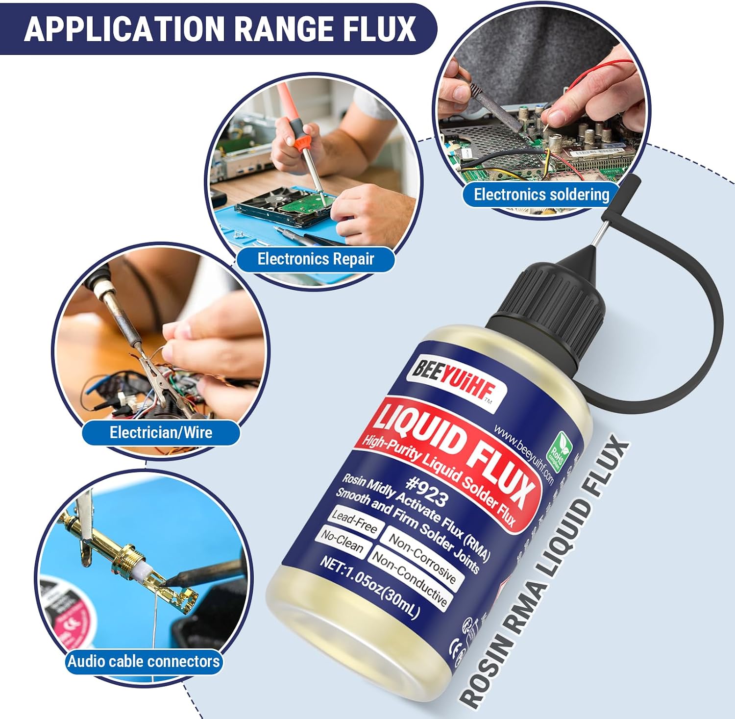 Detalle de BEEYUIHF Liquid Solder Flux Dropper (30 mL) — Non-Corrosive, Lead-Free Rosin Flux for Electronics