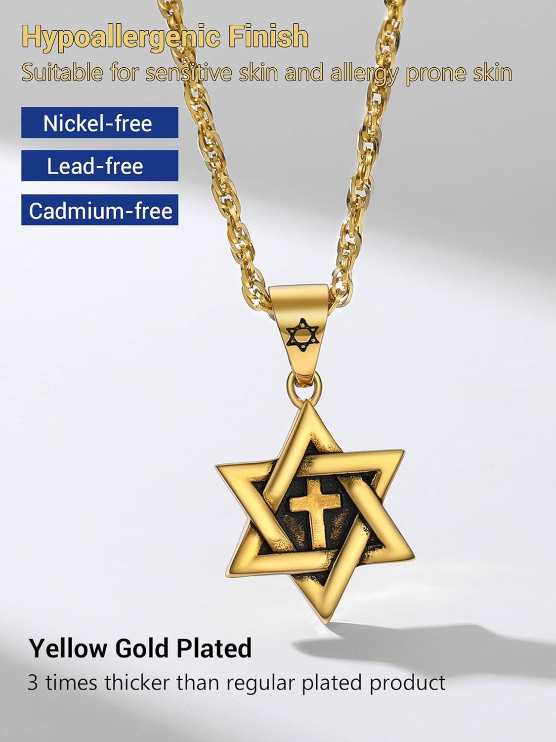 Thumbnail 2 de PROSTEEL Collier homme Magen David en acier inoxydable 316L plaqué or 18 carats, pendentif étoile de David
