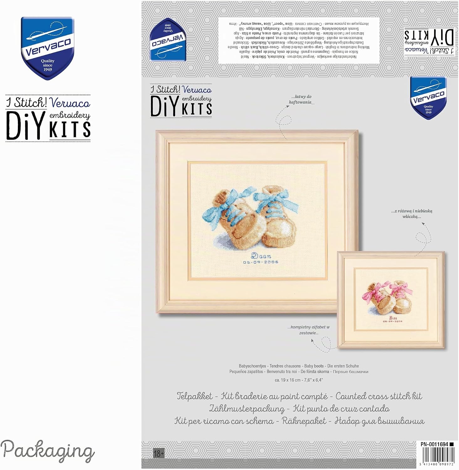 Detalle de Vervaco zestaw do haftu krzyżykowego metryczki „Buciki niemowlęce”, 19 x 16 cm