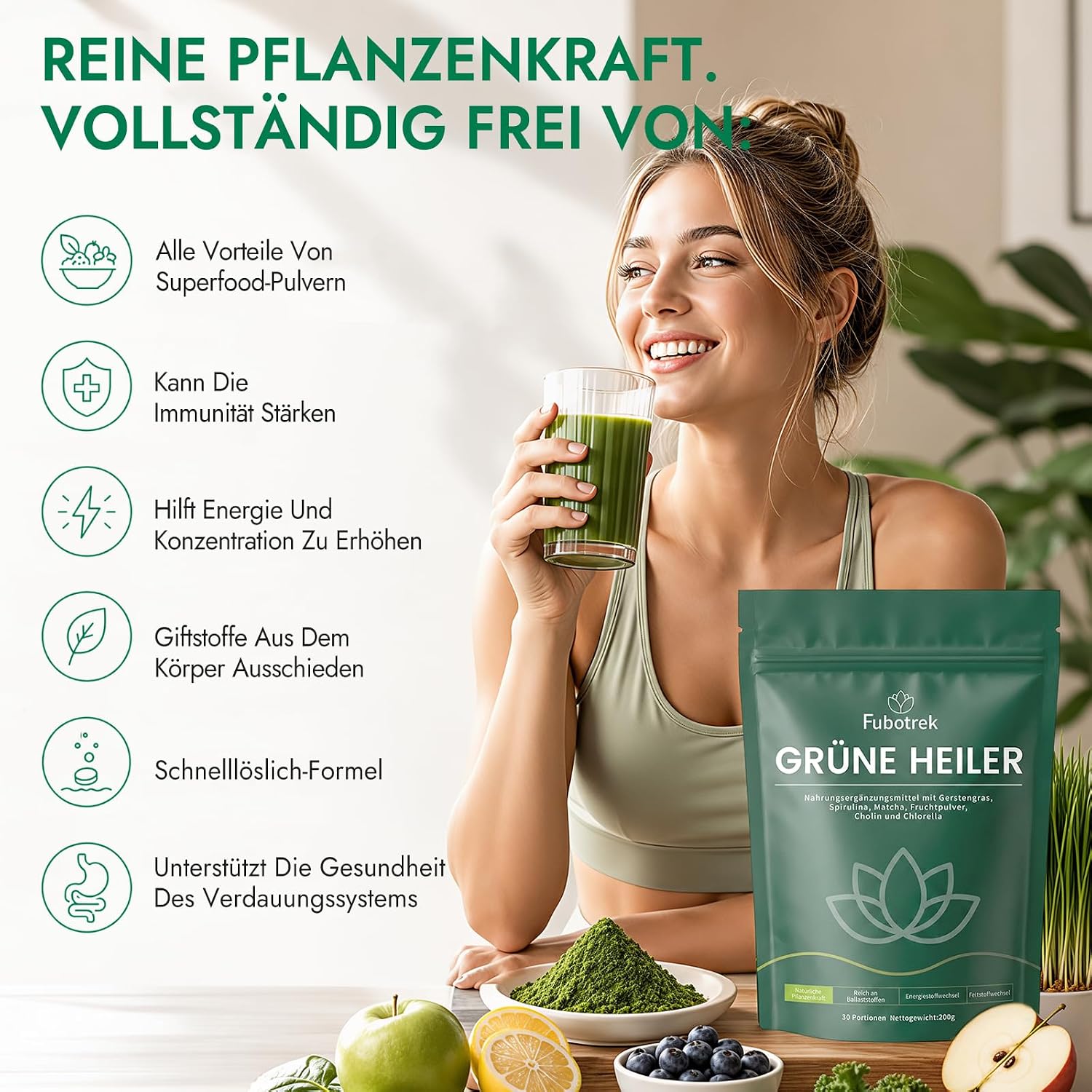Detalle de Grüne Entgiftungspulver 200 g – Matcha, Spirulina & Heidelbeeren