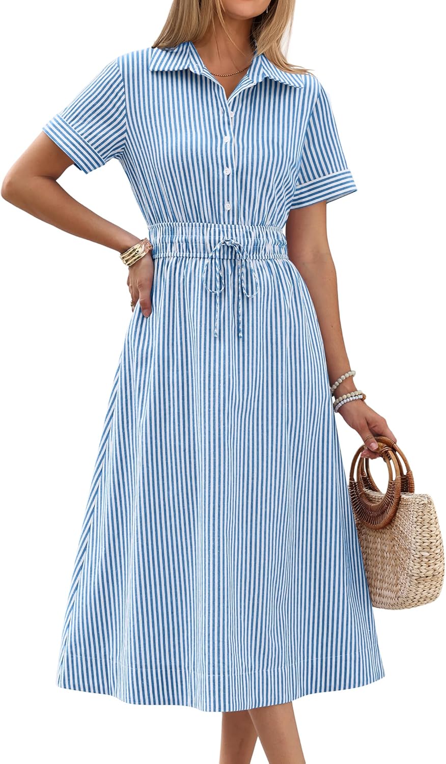 Detalle de ANRABESS Womens Summer Midi Dress with Striped Gingham and Button Collar