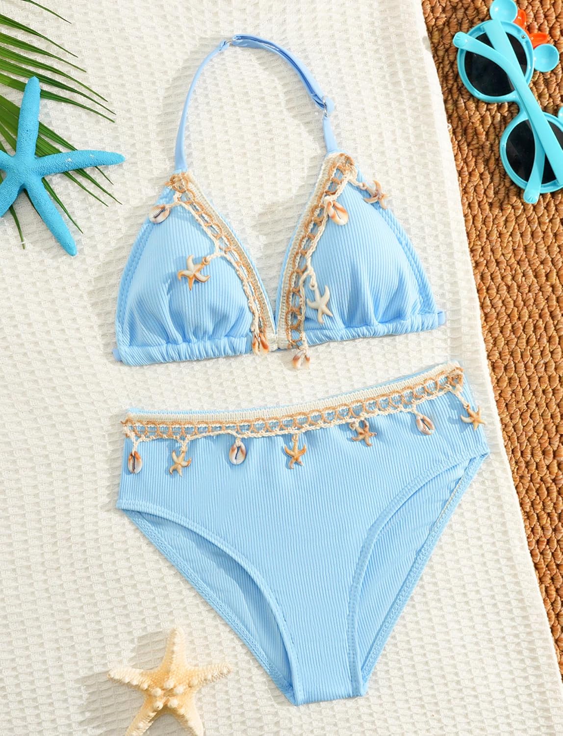 Thumbnail 2 de Girls 3-Piece Ribbed Bikini Set with Removable Chest Pads, Backless Halter Neck & Beach Skirt (Age 8–12 Years)