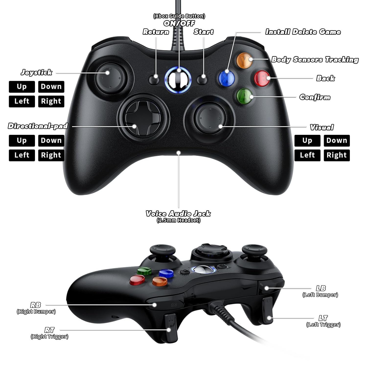 Detalle de Dinosoo 10ft Wired Xbox 360/PC Controller (2 Pack) with Upgraded Joystick, Dual Vibration, and 2.5mm Audio Jack