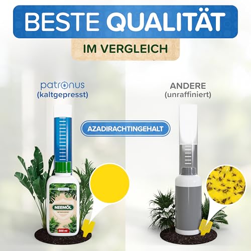 Detalle 2 de Natürliches Neemöl mit Emulgator 300 ml von Patronus – Komplettset mit Sprühflasche und Messbecher