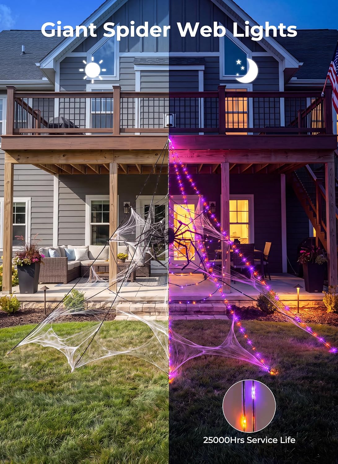 Detalle 2 de Brightown 312-LED Giant Spider Web Lights with Plush Spider, 8 Modes, IP65