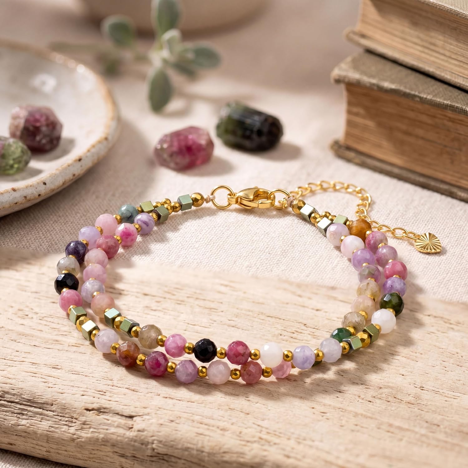 Detalle de Farfume Edelstein Perlen Armband für Frauen – Regenbogen-Turmalin 4 mm, Silber 925, elastisch