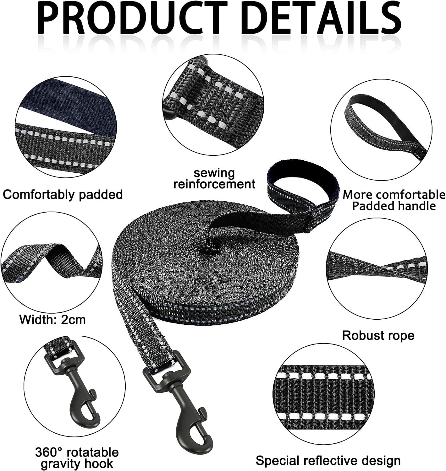 Detalle 2 de COMSLE Long Leads for Dog Training – extra long nylon training lead with handle and rotating buckle