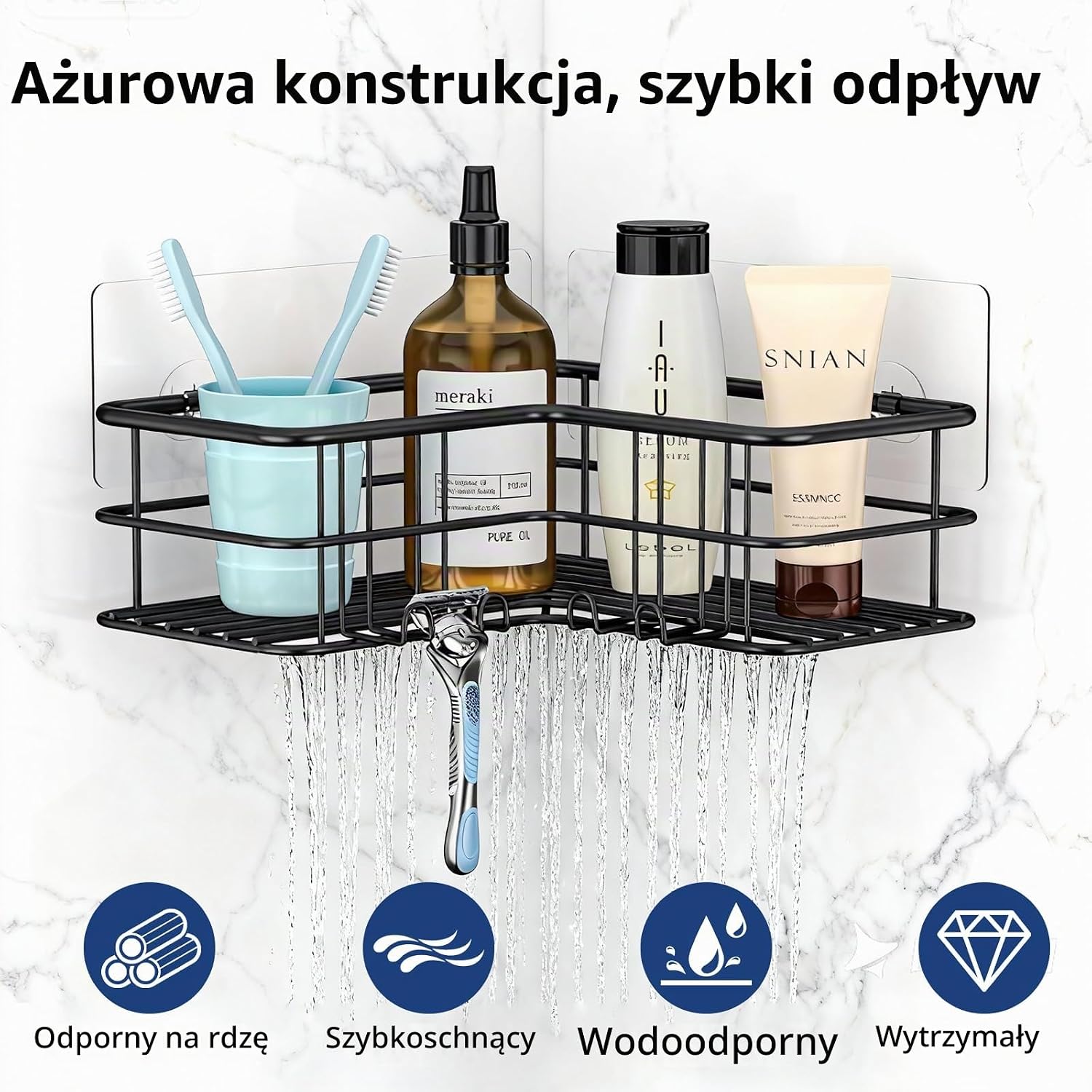 Detalle 2 de Menbyci narożne półki prysznicowe 2-pak ze stali nierdzewnej, 8 haczyków
