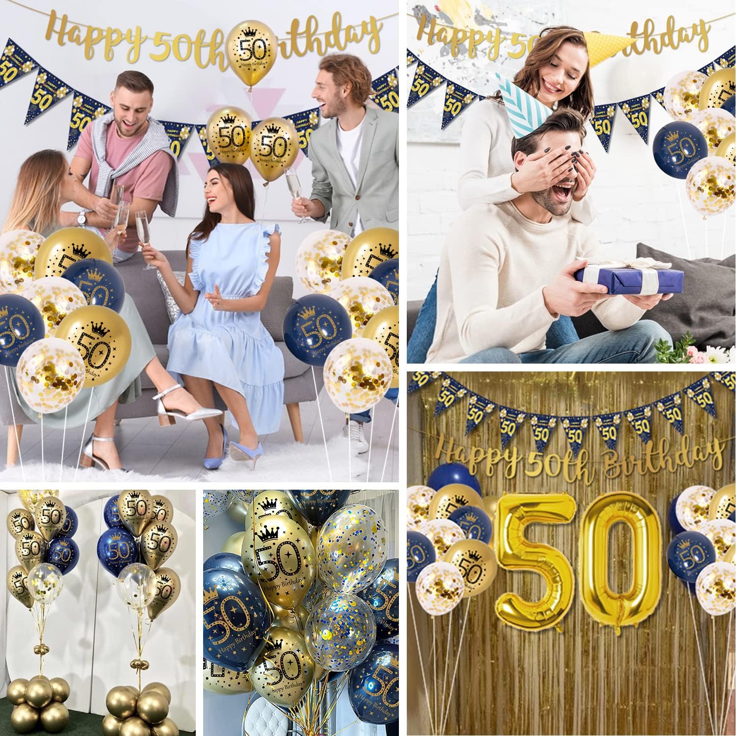 Detalle 2 de VICTERR 50th Birthday Decorations for Men (Navy Blue & Gold) bunting banner, foil balloon, confetti balloons and balloons set