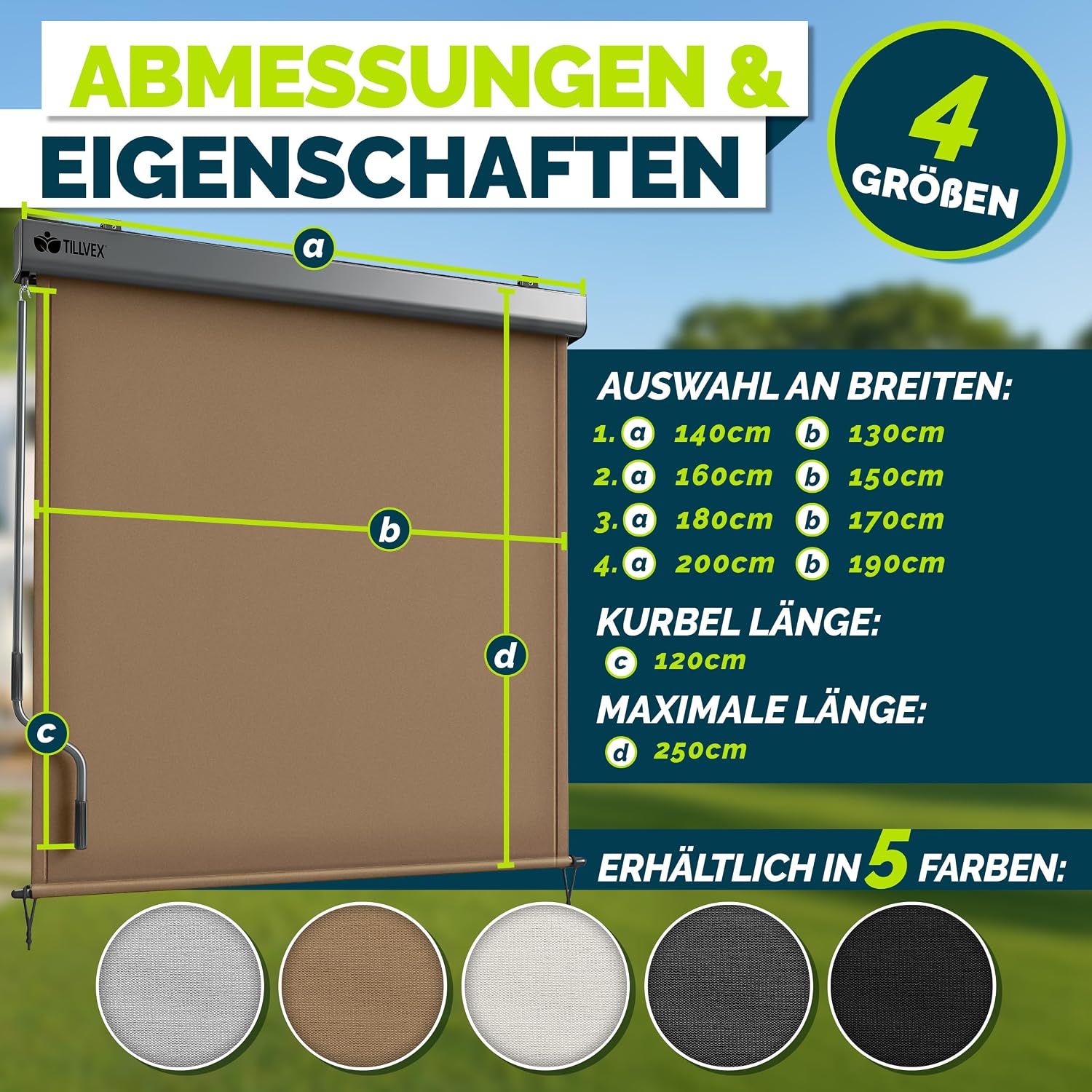 Detalle de tillvex® Senkrechtmarkise 200 x 250 cm mit Regencover – Außenrollo für Sicht- und Sonnenschutz am Balkon
