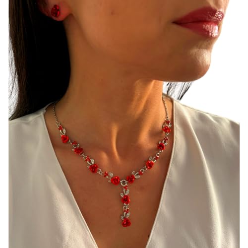 ONDEGO Schmuckset Rot Blumen Silber – Collier, Ohrringe und Strass für Hochzeit und Fest