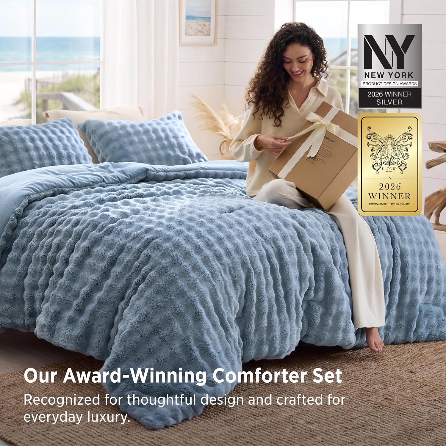 Thumbnail 3 de Bedsure BB649B3 King Comforter Set, Slate Blue Cloud-Bubble Flannel