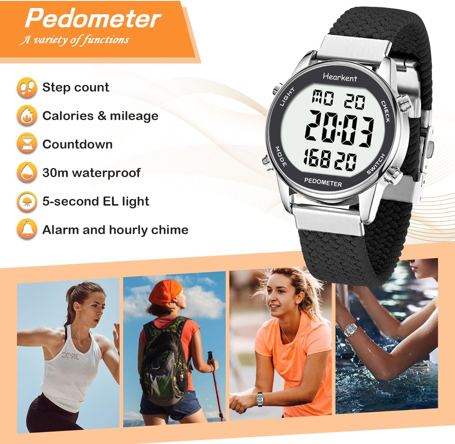 Detalle de Hearkent Pedometer Watch for Women: Non-Bluetooth Step Tracker with 30M Waterproofing