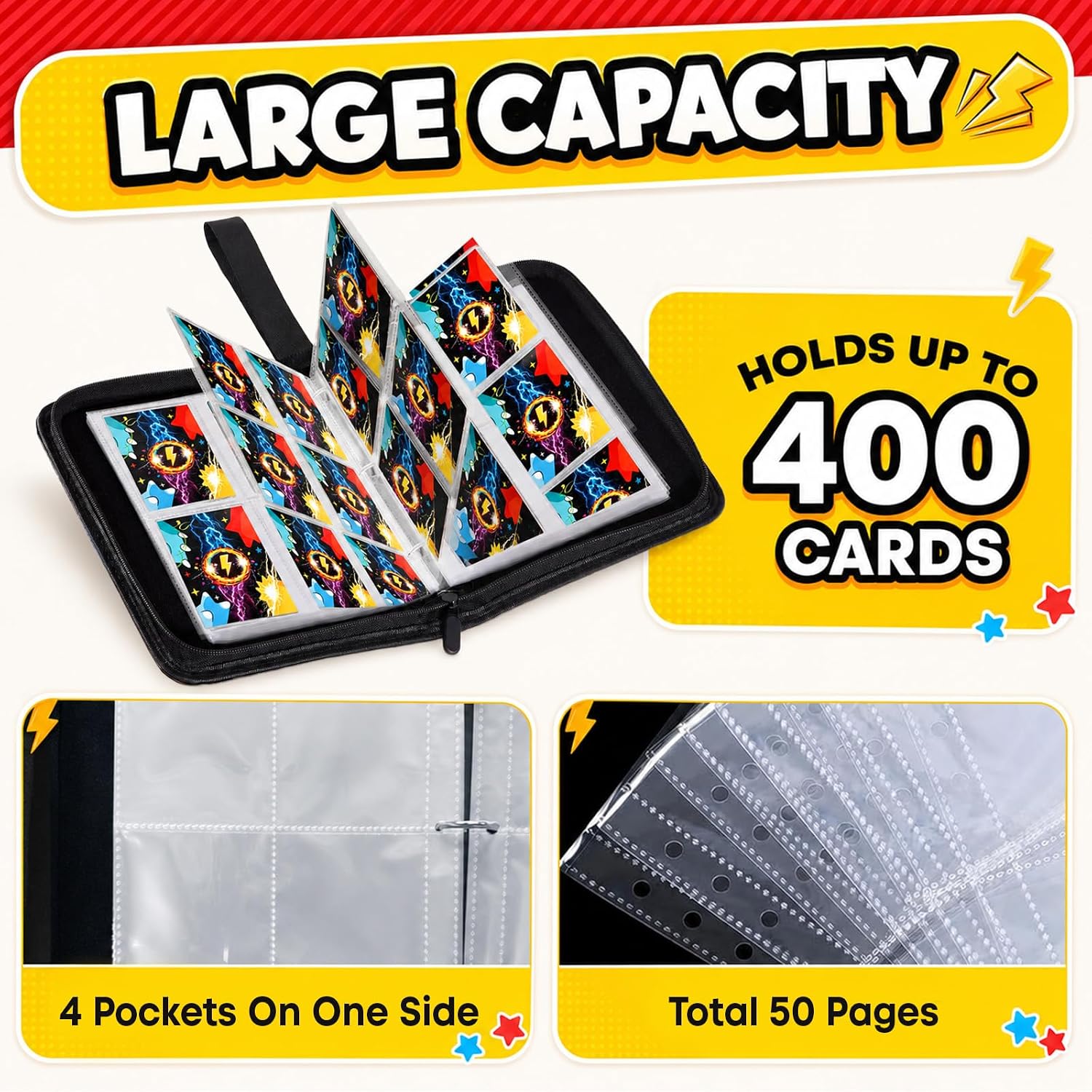 Detalle de KEMINO CB-001 Trading Card Binder, 400-Card Capacity, Zippered PU Cover