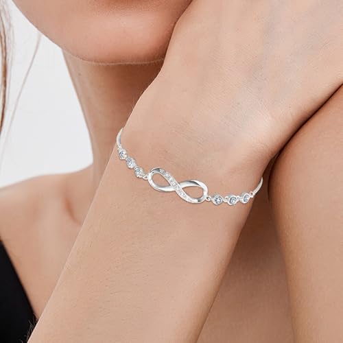 Detalle de Esmoly Pulsera Infinity Plateada con 5A Circonia y 12 Piedras Naturales – Ajustable