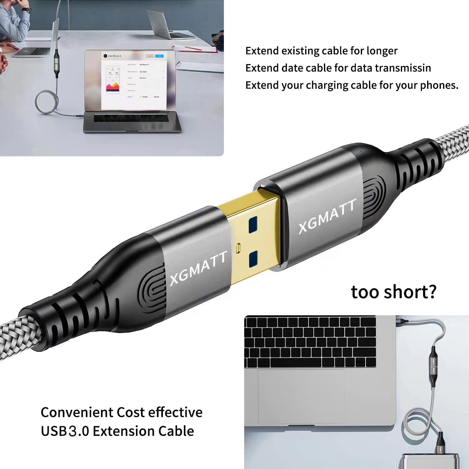Detalle de XGMATT USB 3.0 Extension Cable (3m, 2-pack) Type A Male to Female, 5Gbps data sync