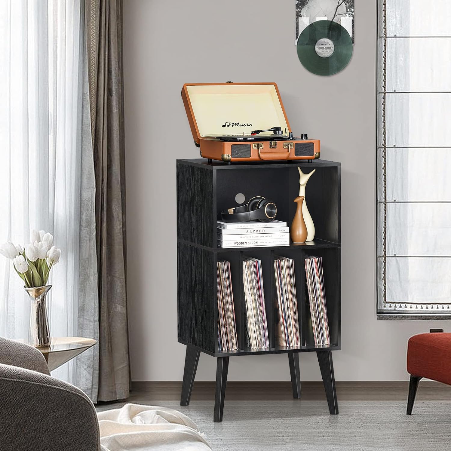 Detalle 2 de Lerliuo Record Player Stand, Black – Mid-Century Vinyl Storage with Solid Wood Legs (Holds 160 Albums)