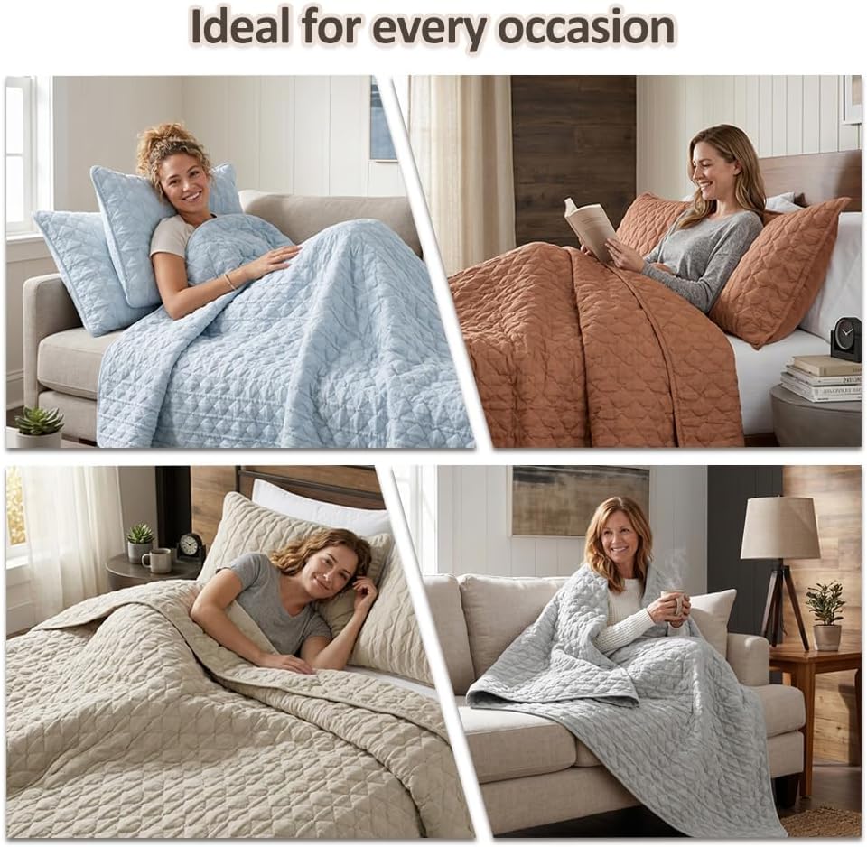 Thumbnail 6 de Beige Quilt Queen Size Bedding Set with Pillow Shams — 3 Pieces, Lightweight Soft Bedspread Coverlet (90x90)