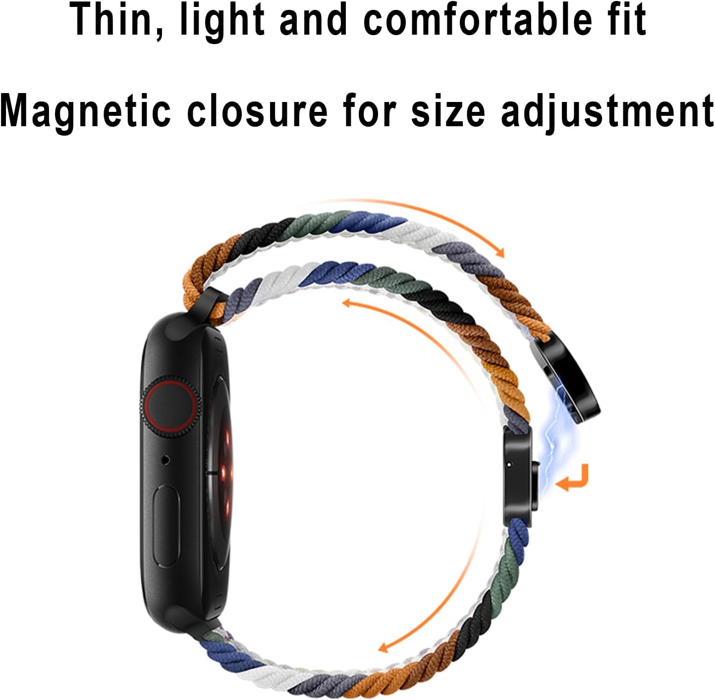 Detalle de Elasticated Magnetic Nylon Apple Watch Strap — 38–49mm, adjustable 14–21 cm