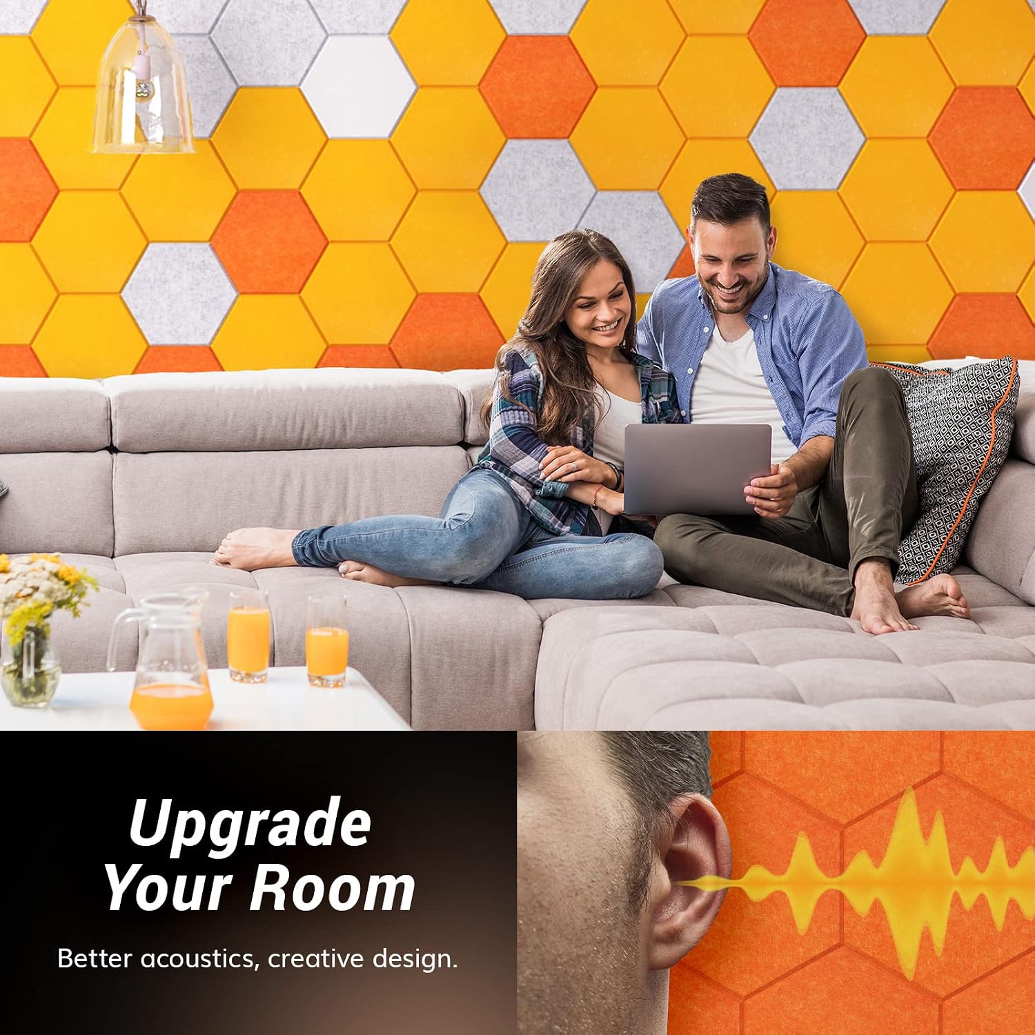 Detalle de TONOR 22163 Hexagon Acoustic Panels, Self-Adhesive Polyester, Orange, 12 Pack