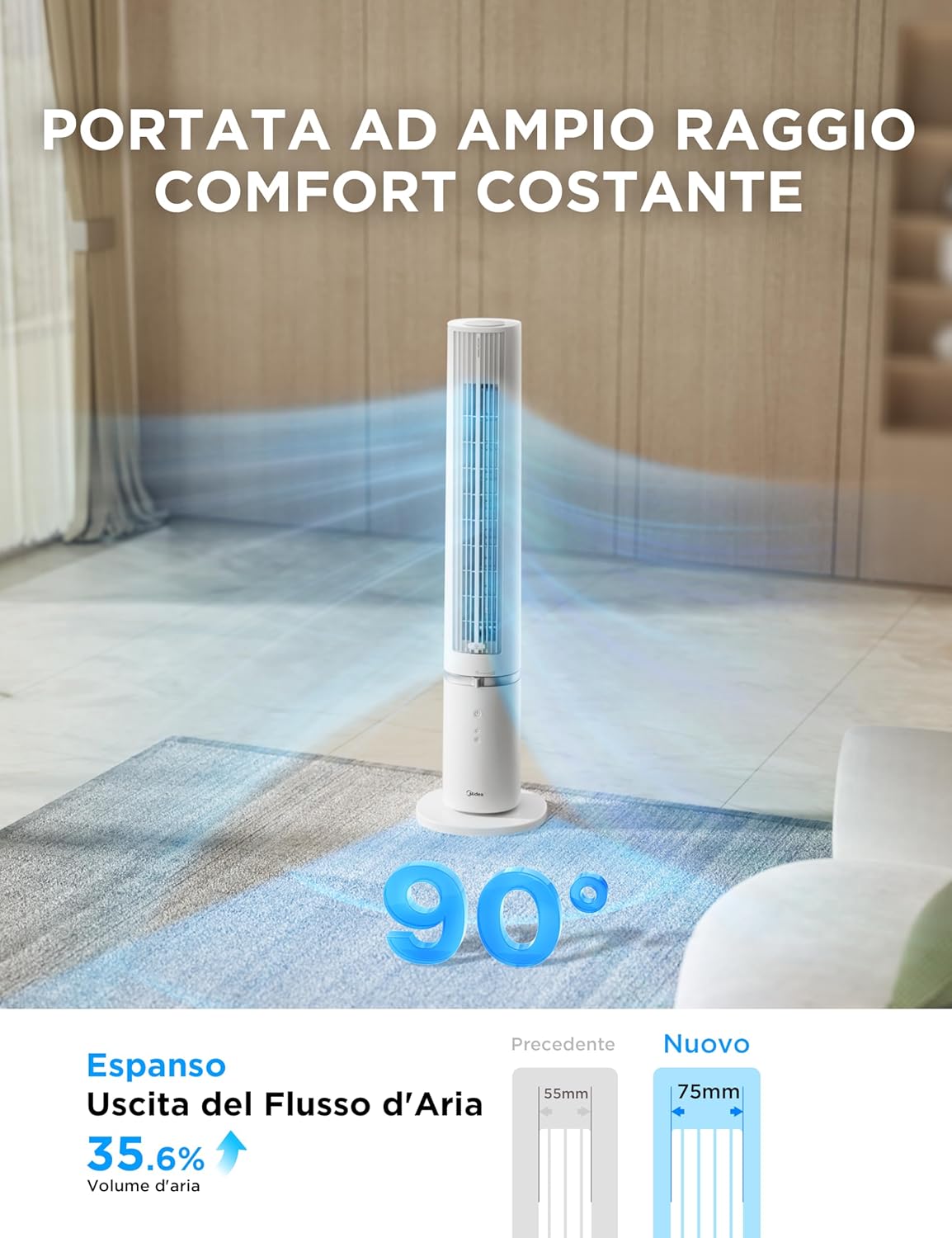 Thumbnail 5 de Midea MTF25FRG ventilatore a torre silenzioso con telecomando, 9 m/s e oscillazione 90°