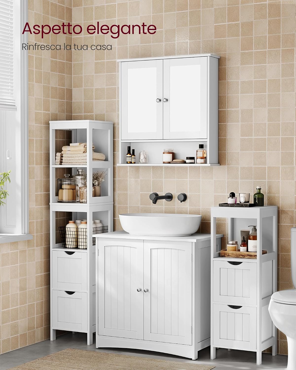 Detalle de VASAGLE Mobile Sottolavabo BBC011W01: Mobiletto da Bagno con 2 Ante e Ripiano Regolabile, 40 x 70 x 70 cm, Bianco Nuvola
