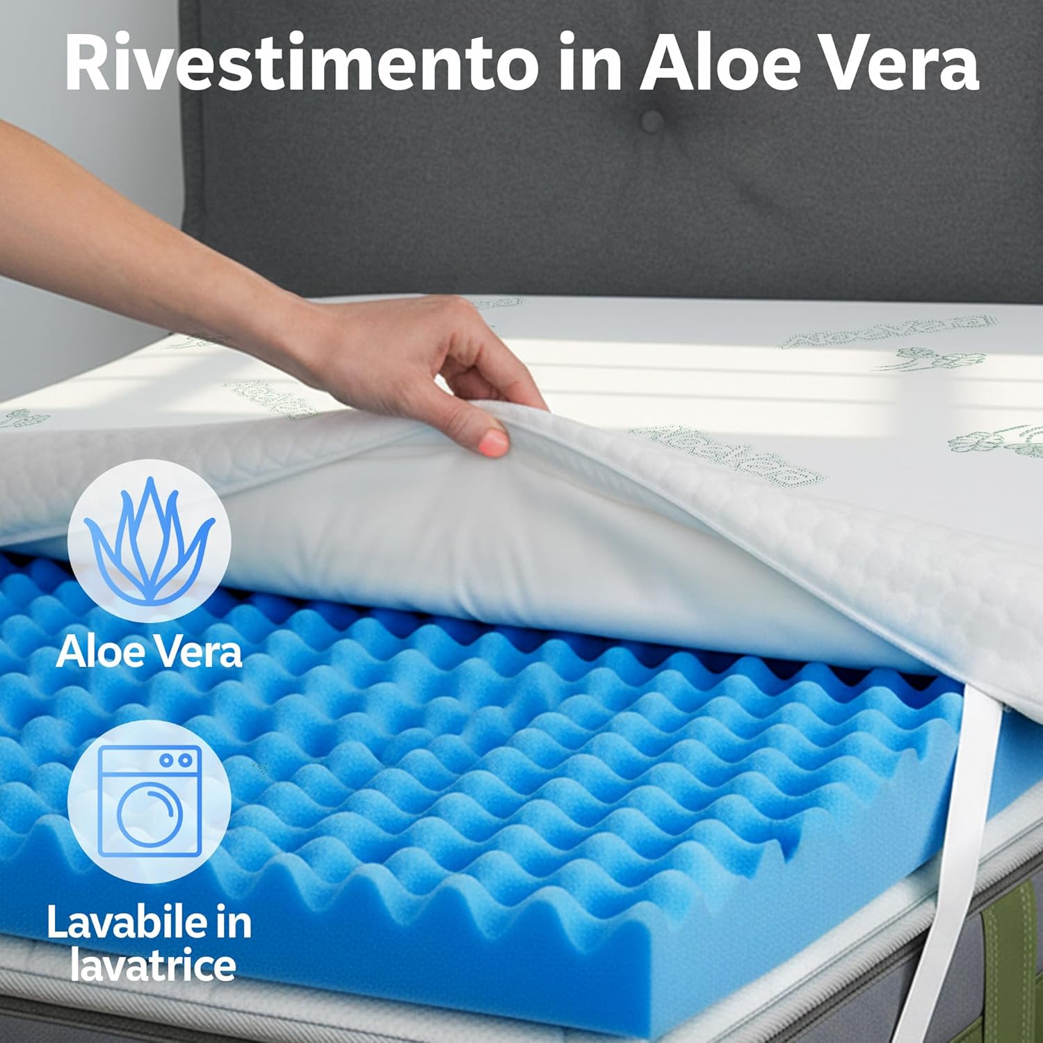 Detalle de Topper singolo 80x200 in Memory Foam ad Alta Densità 8 cm | Correttore materasso sfoderabile in Aloe Vera | Coprimaterasso imbottito rinfrescante e massaggiante