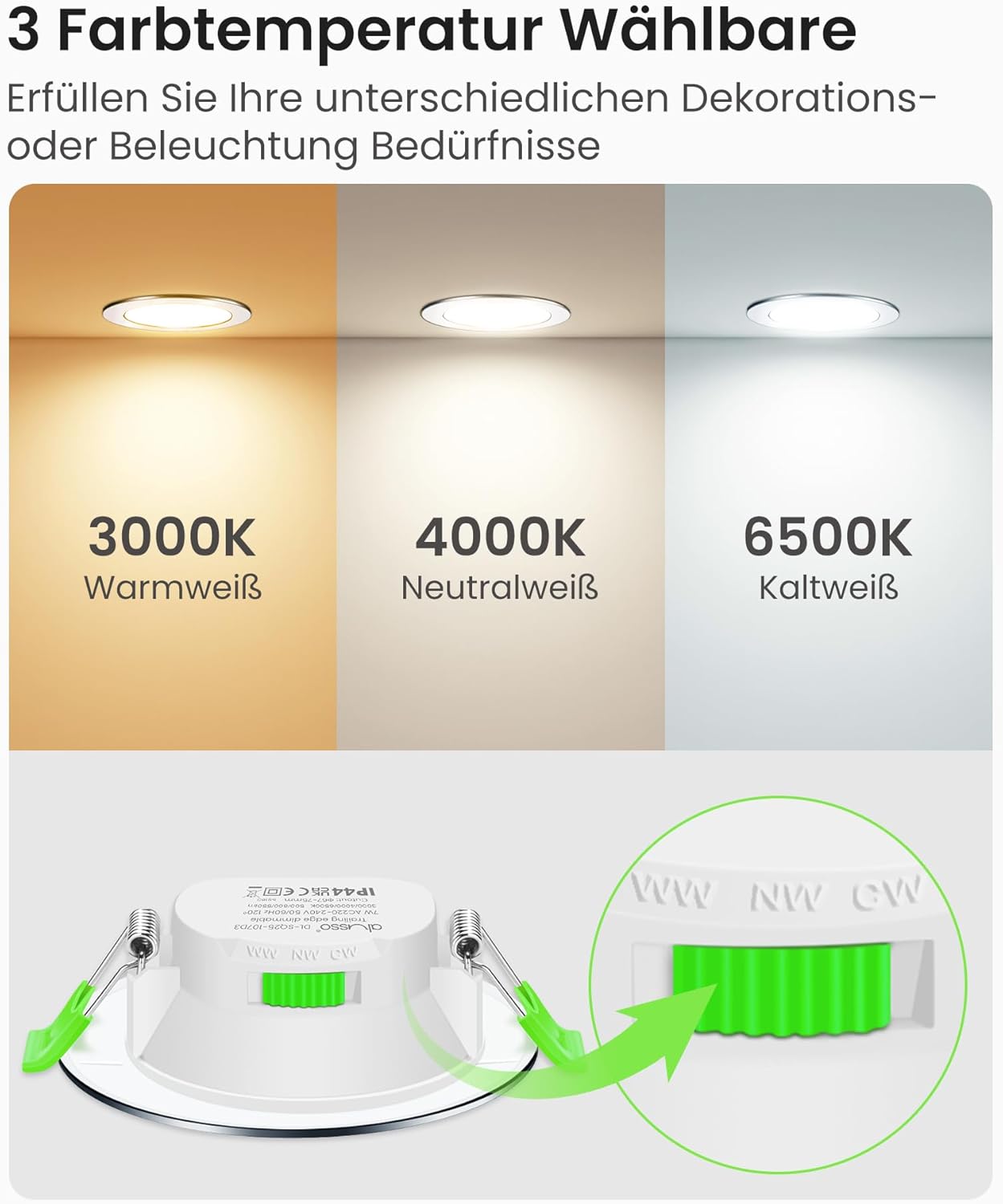 Thumbnail 2 de ALUSSO LED Einbaustrahler 230V Dimmbar – 68 mm, 7W, IP44, 6er Set (Warmweiß/Neutralweiß/Kaltweiß), Chrom
