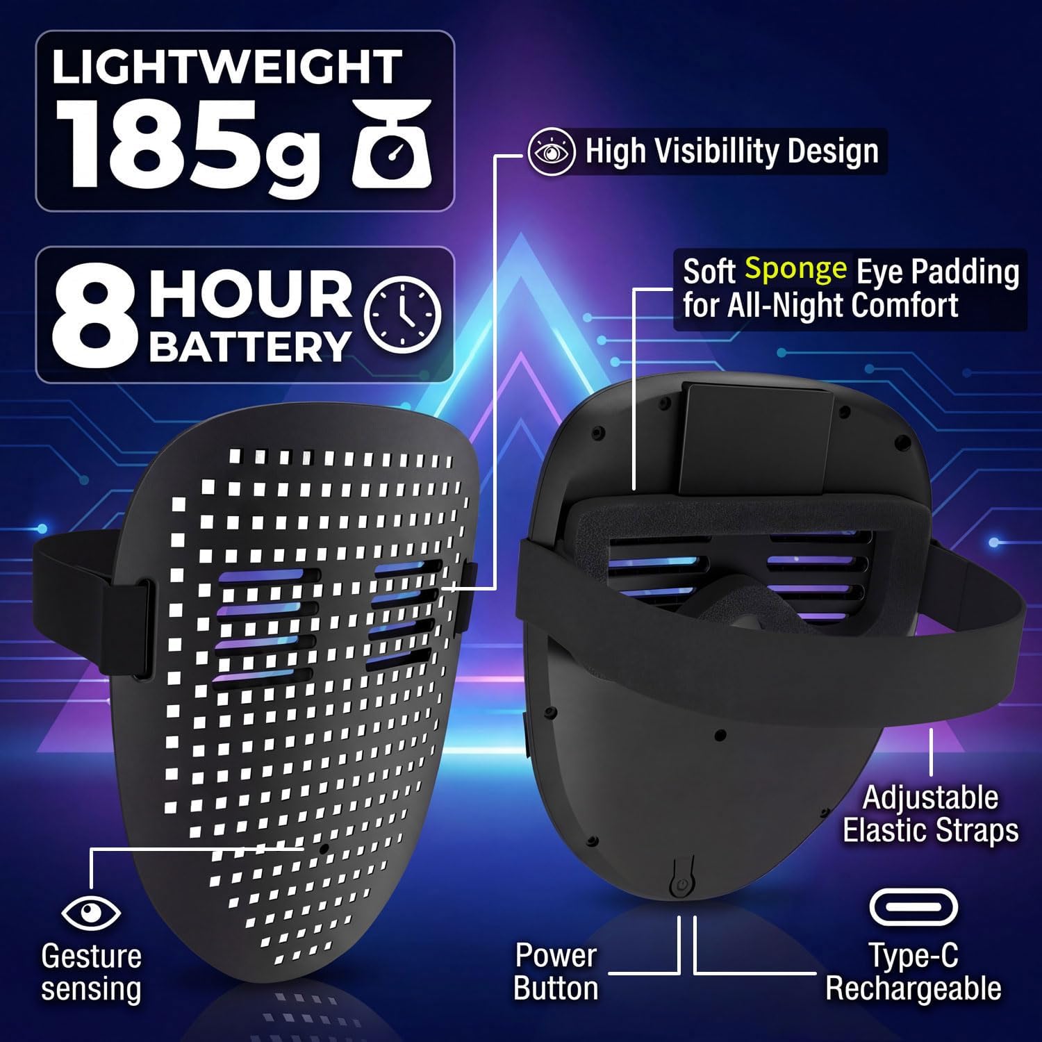 Detalle de MEGOO LED Mask with Gesture Sensing (50 Pattern Display) — Light-Up Transforming Face Mask