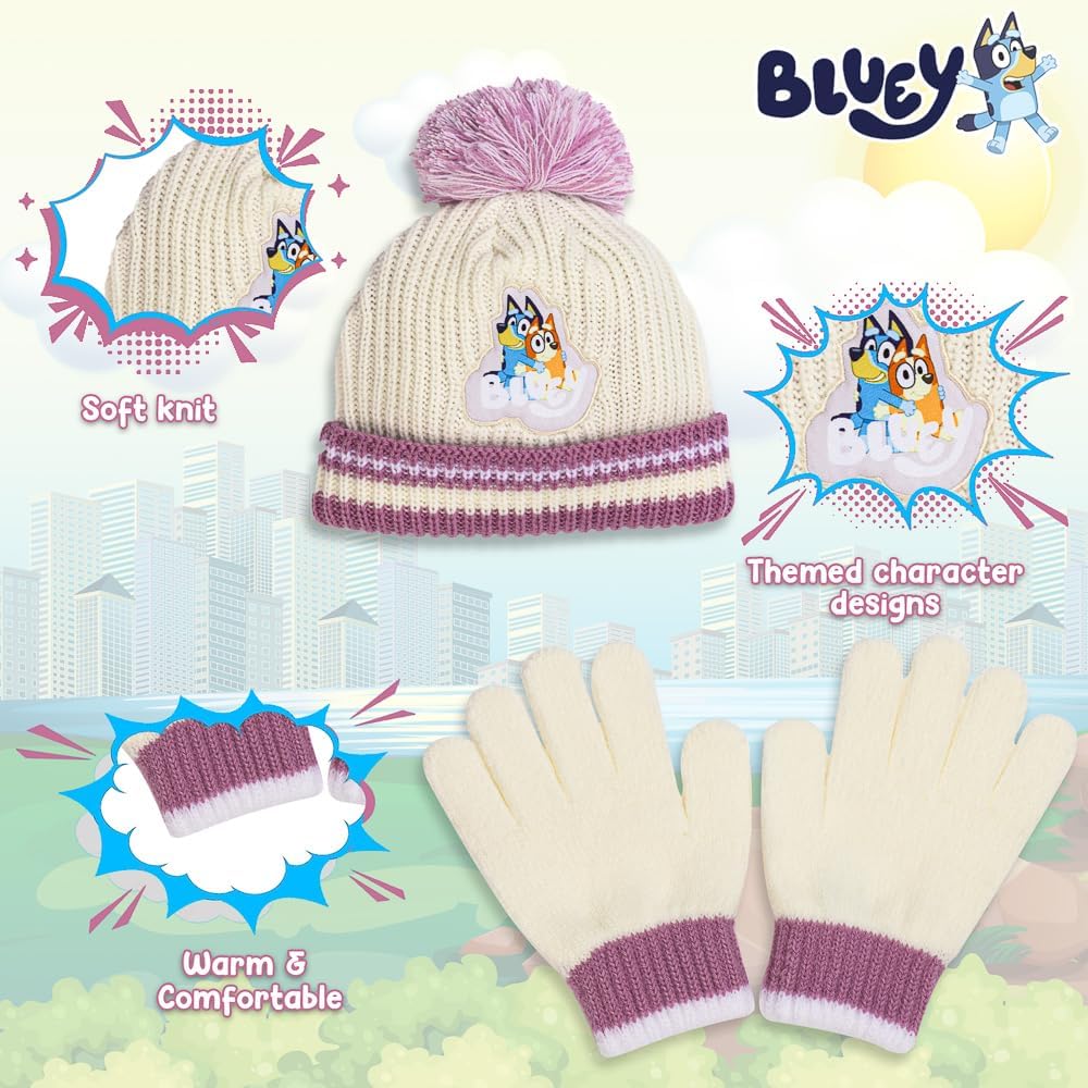 Detalle 2 de Bluey Girls Winter Hat and Gloves Set – Toddler Knit Beanie with Pom Pom and Matching Gloves (One Size)