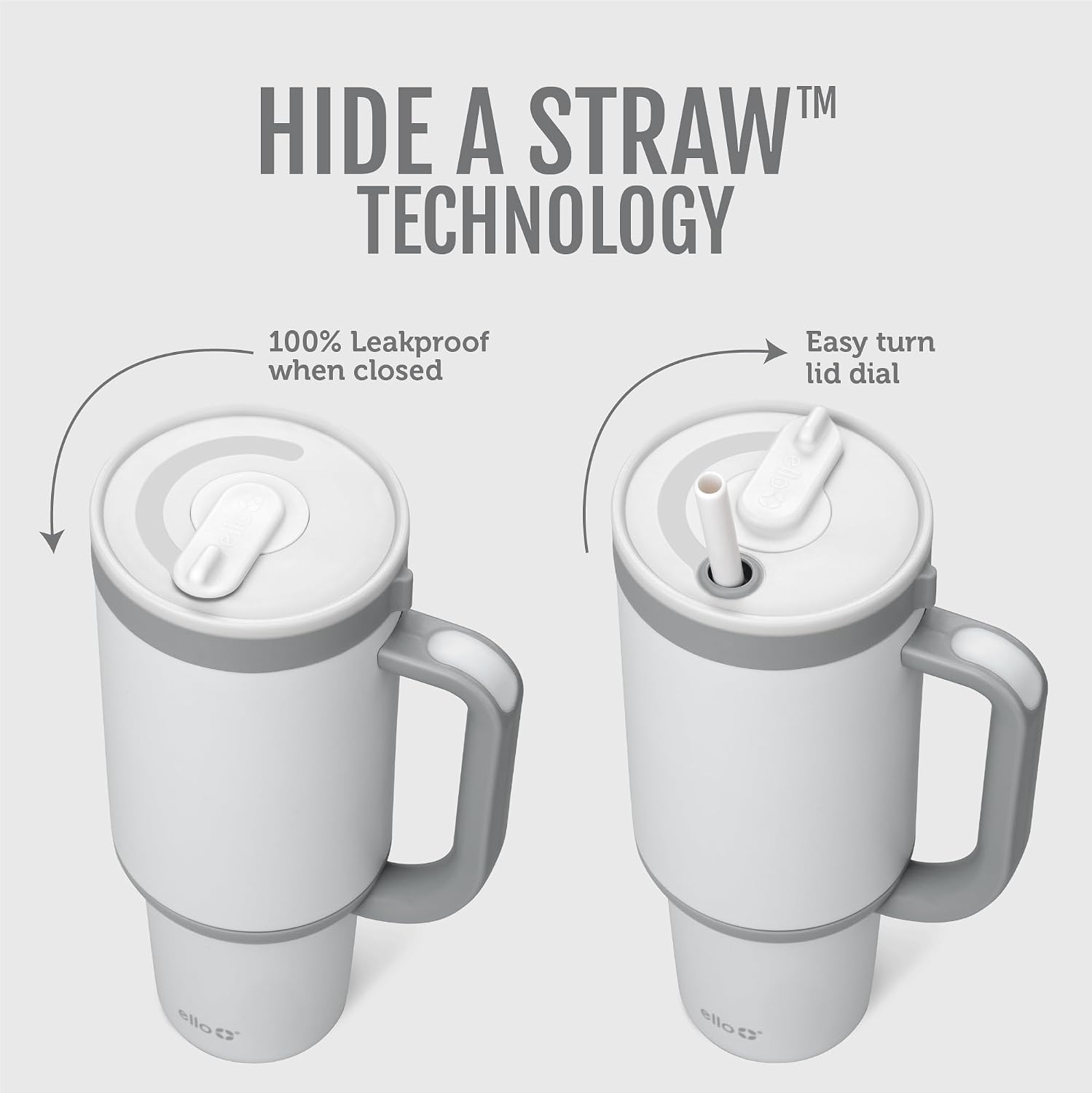 Detalle de Ello Oasis 30 oz Tumbler with Handle & Retracting Straw — 100% Leakproof Reusable Insulated Cup (Grayscale)