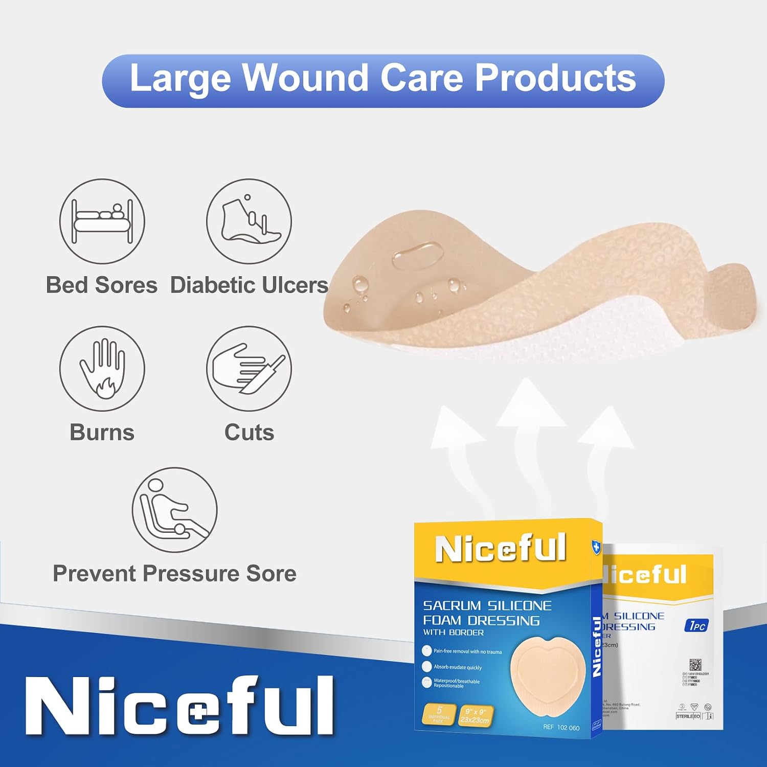 Detalle 2 de Niceful Sacral Silicone Foam Dressing 9x9 in (5 Pack) for Sacrum Wounds