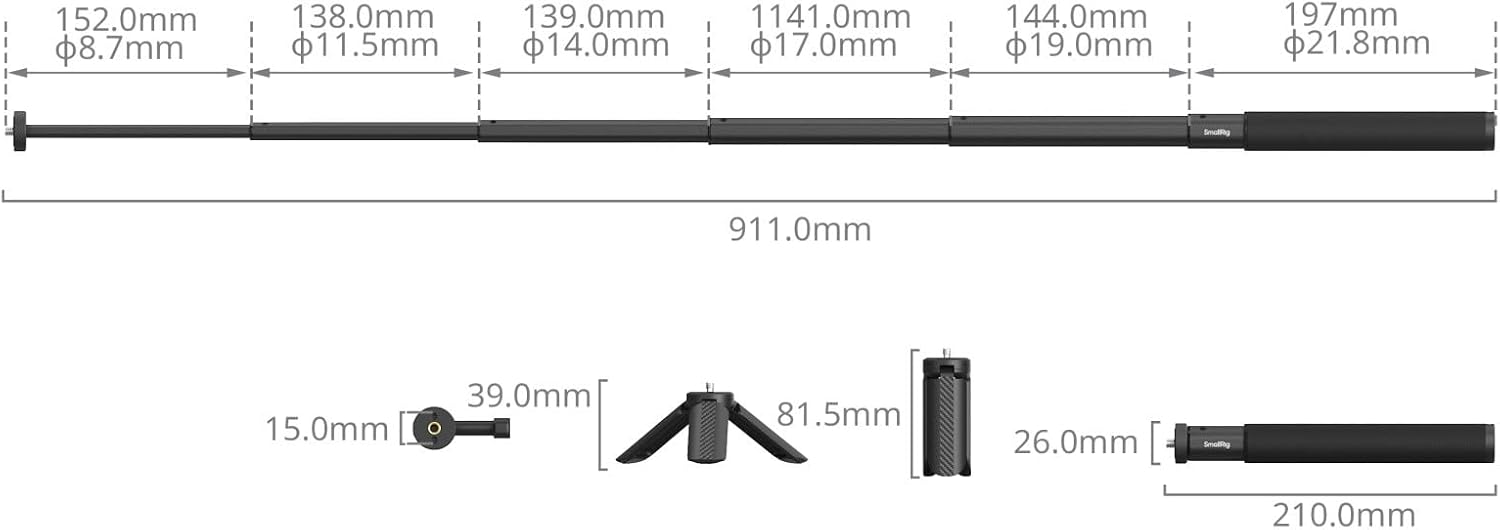 Detalle de SMALLRIG Perche à selfie pour caméras d'action, modèle 5403 – extensible 7,8 à 37,4 pouces, avec trépied et support de téléphone